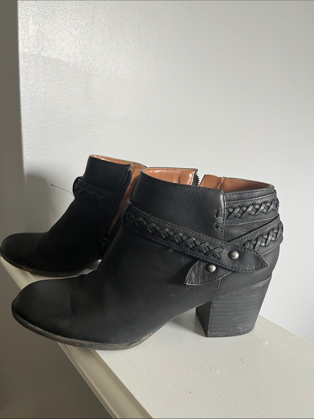 Indigo Black Braided Strap Block Heel Ankle Boots